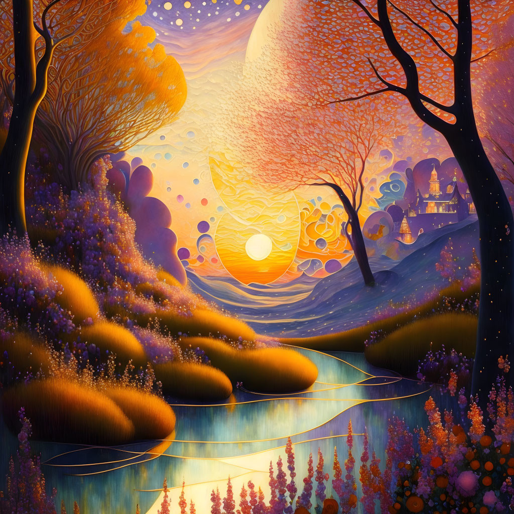 Colorful Sunset Landscape with Stream and Glowing Sun