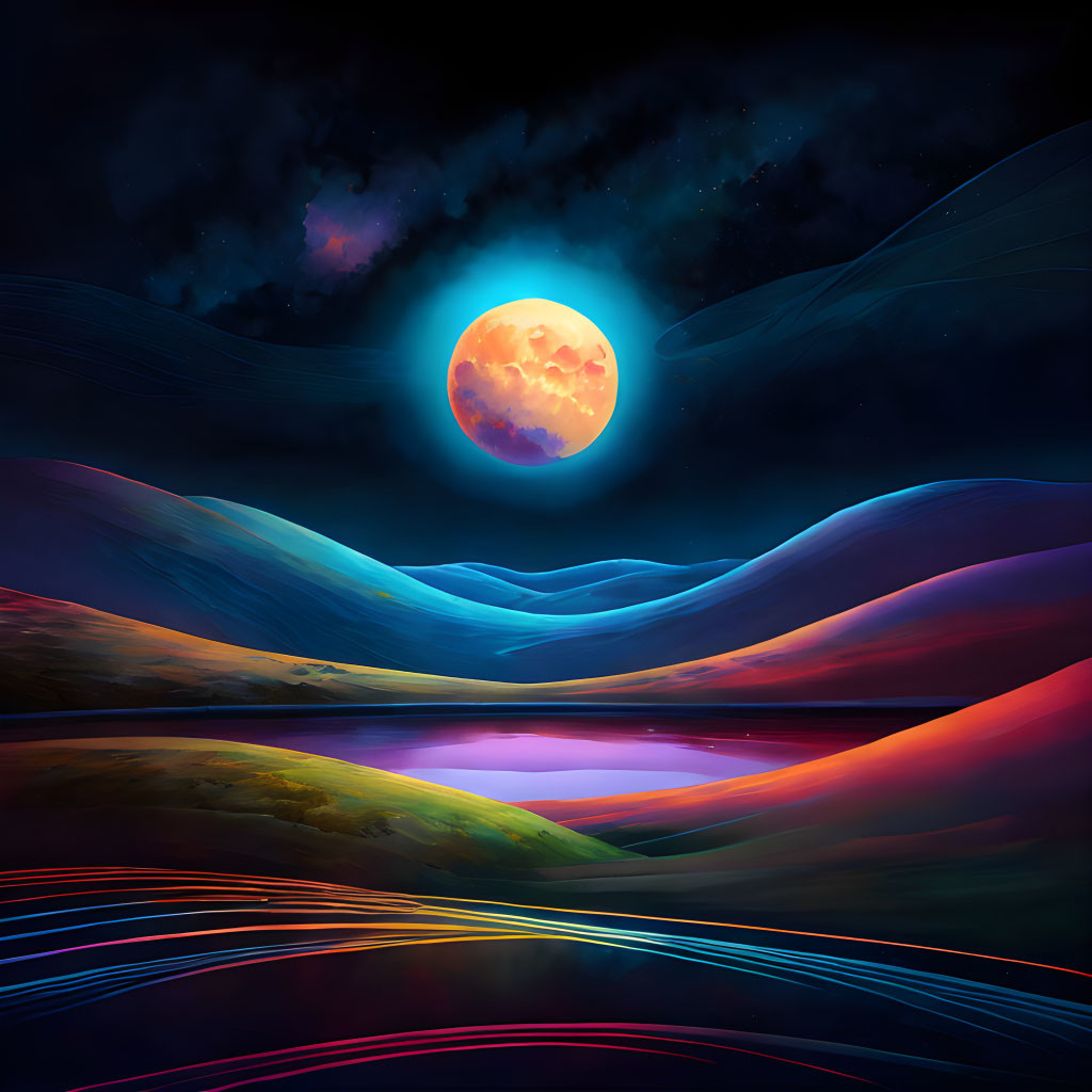 Colorful digital art: Rolling hills under large moon, vibrant blues, purples, warm hues