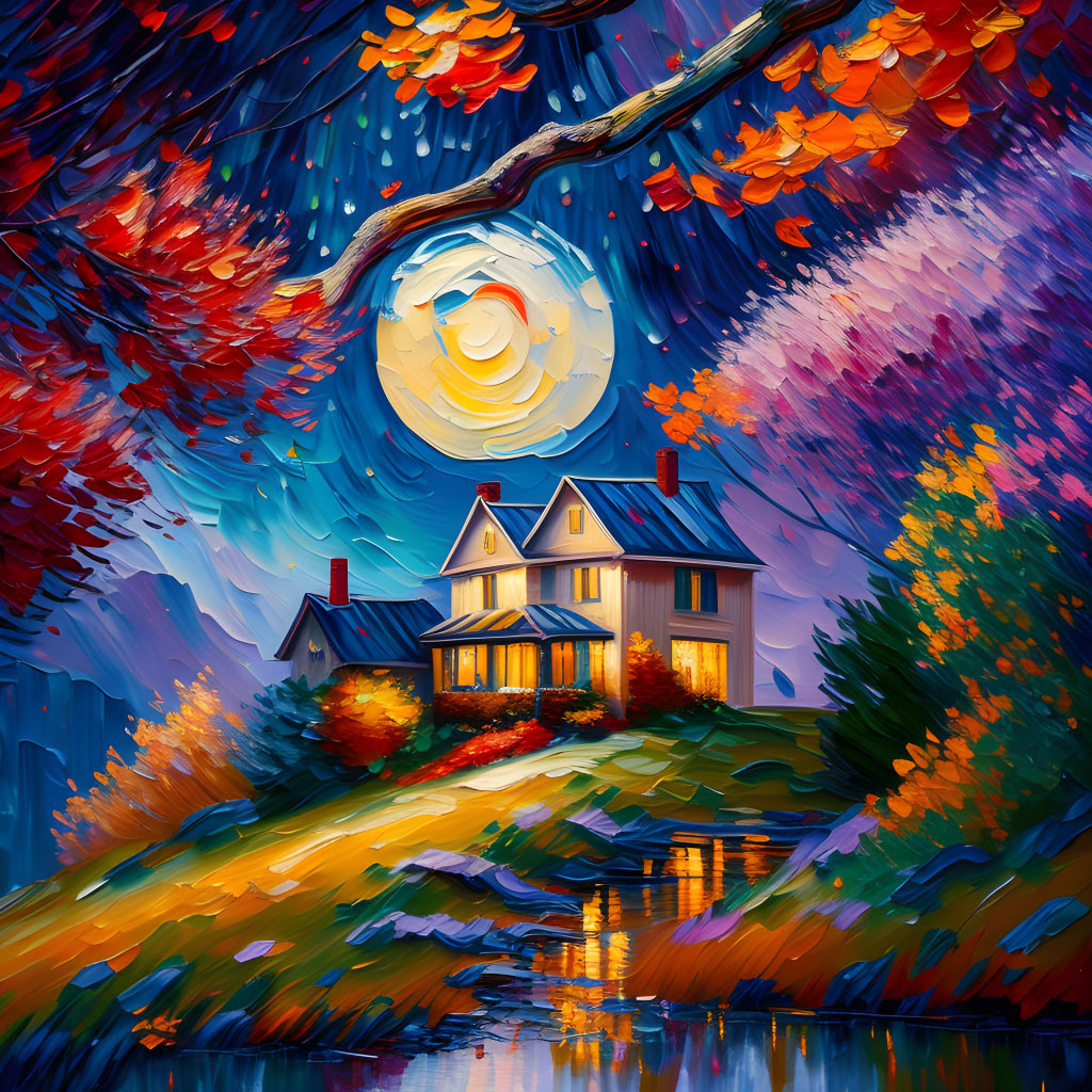 Colorful painting: Cozy house by river at night with autumn trees & starry sky