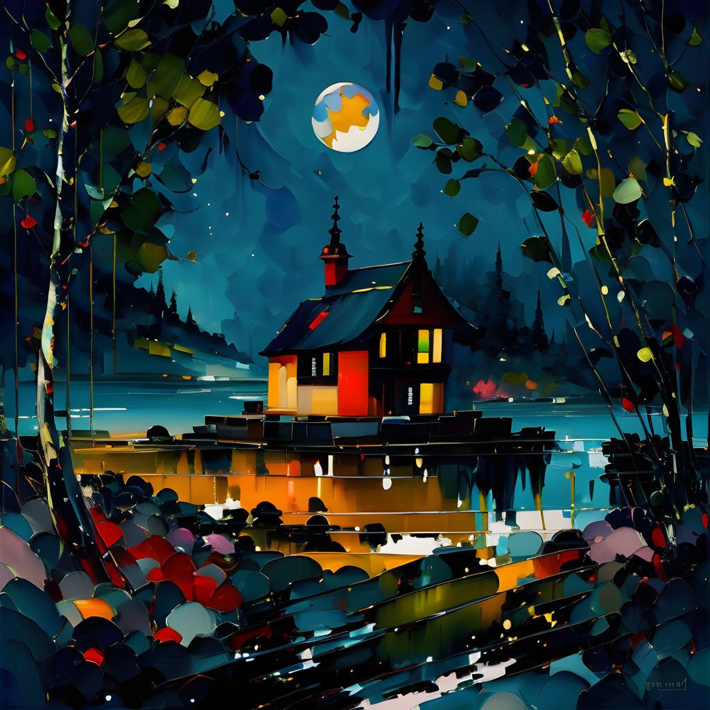 Vibrant digital artwork: Cozy cottage by moonlit lake & whimsical forest