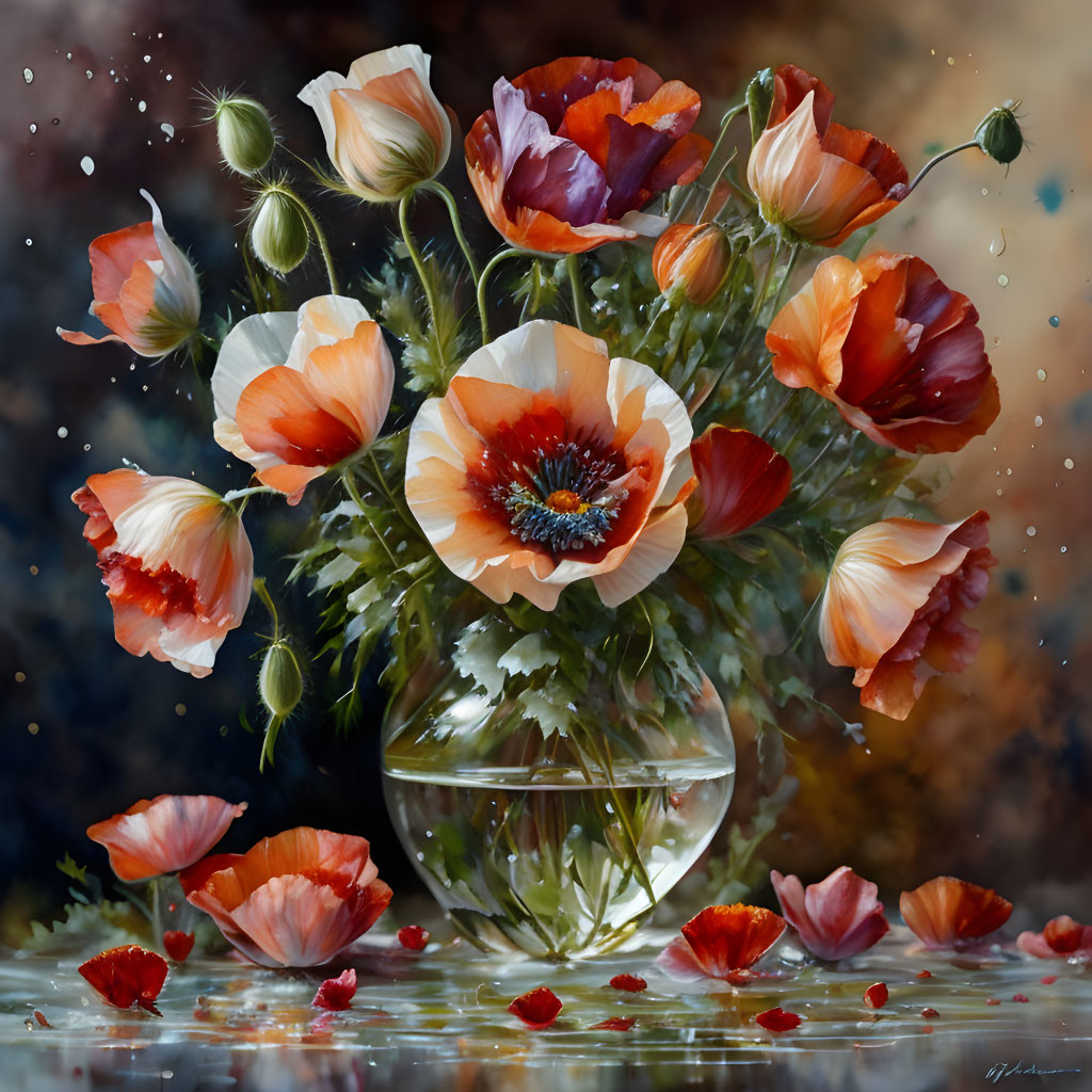 Colorful painting of orange and red poppies in a vase on speckled background