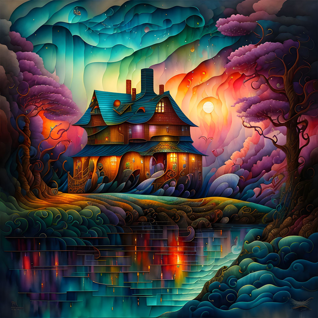 Colorful fantasy illustration: Magical house, whimsical trees, starry sky, reflected in water