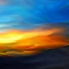 Colorful digital art: Rolling hills with warm foreground gradient, cool mountains, and birds in the sky