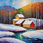 Winter scene: snowy landscape, stylized trees, cottages, frozen river, gentle snowfall at