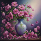 Colorful oil painting of pink roses in blue vase