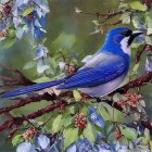 Vibrant bird on branch with red berries, raindrops, and green leaves