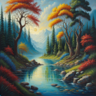 Tranquil landscape: waterfalls, mist, colorful trees, rocky cliffs