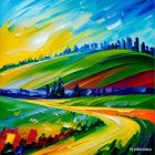 Colorful Impressionistic Landscape with Rolling Hills and Mountain Range