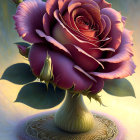 Detailed Digital Painting of Vibrant Rose in Golden Vase