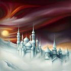 Fantastical cosmic cityscape with towering spires under star-studded galaxy