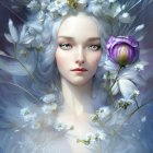 Portrait of young girl with silver hair, blue flowers, and white rabbit in serene setting