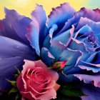 Colorful painting of blue and pink roses on gradient background