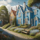 Tranquil digital art: Blue houses, flower gardens, trees in soft light