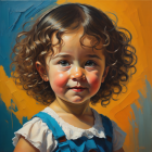 Toddler with Curly Hair in Blue Dress by Large Yellow Flower