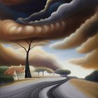 Surreal landscape with lone tree, house, road, stormy sky, and sunlight hint