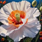 Detailed close-up painting of white and orange flower on dark background