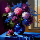 Colorful painting of purple and white lilies in blue vase with scattered petals, silverware on wooden