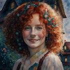 Digital portrait of woman with curly brown hair and floral hairpiece, smiling joyfully amidst swirling leaves