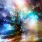 Colorful Stylized Tree Painting by Water with Vibrant Sky