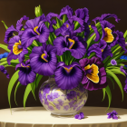 Purple and lilac flowers in decorative vase against blurred brown background