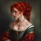 Red-haired woman in intricate updo wearing renaissance dress gazes sideways