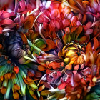 Colorful digital painting of dense orange, purple, and blue flowers