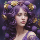 Digital artwork: Woman with purple wavy hair, white roses, pearl necklace, sheer purple garment