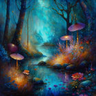 Enchanted forest scene: glowing mushrooms, tranquil stream, fireflies, mystical blue light