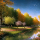 Tranquil twilight river scene with crescent moon and autumn trees