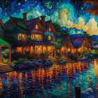 Moonlit River Scene: Quaint Houses, Reflective Water