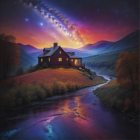 Charming storybook village illustration with quirky houses and starry sky