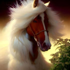 Chestnut horse with white mane and bridle in blooming flower field