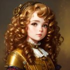 Character illustration: 3D stylized with big eyes, curly hair, Victorian dress & hat