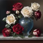 Red and white roses bouquet in blue vase on dark backdrop