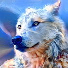 Fluffy White and Tan Dog in Dreamy Blue and Pink Scene