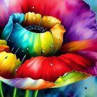 Colorful digitally-enhanced flower with water droplets on blurred background