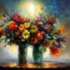 Colorful painting of red and orange poppies in glass vases on dewy backdrop