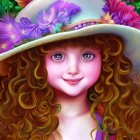 Smiling girl with curly red hair and freckles in purple flower hat