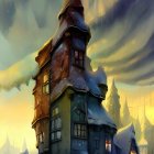 Fantasy castle with tall spires and ornate windows at sunset