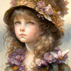 Young girl with curly hair in floral hat and butterflies: digital painting