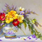 Colorful flower bouquet in patterned vase on pastel backdrop