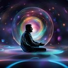 Person meditating in front of swirling cosmic portal with floating orbs