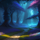 Fantastical night landscape with oversized mushroom-like trees and glowing moon.