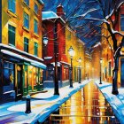 Colorful Winter Scene with Glowing Houses and Snow-covered Trees