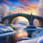 Snow-covered river at sunset under stone bridge with city silhouettes