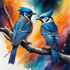 Stylized blue jays on branch in vibrant watercolor scene