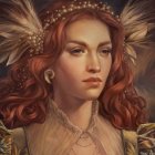 Digital Artwork: Woman with Red Hair and Ornate Jewelry in Autumn Light