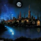 Luminous full moon illuminates mystical village by serene lake