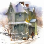 Illustration of two people walking to snow-covered house