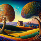 Colorful painting of rolling hills, house, trees under starry sky